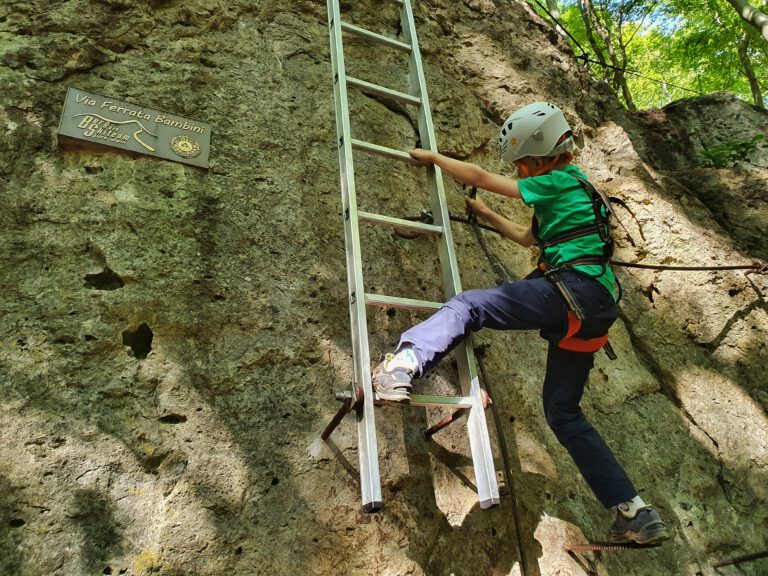 Ein Kind in Kletterausrüstung klettert an einem Felsen eine Leiter nach oben.